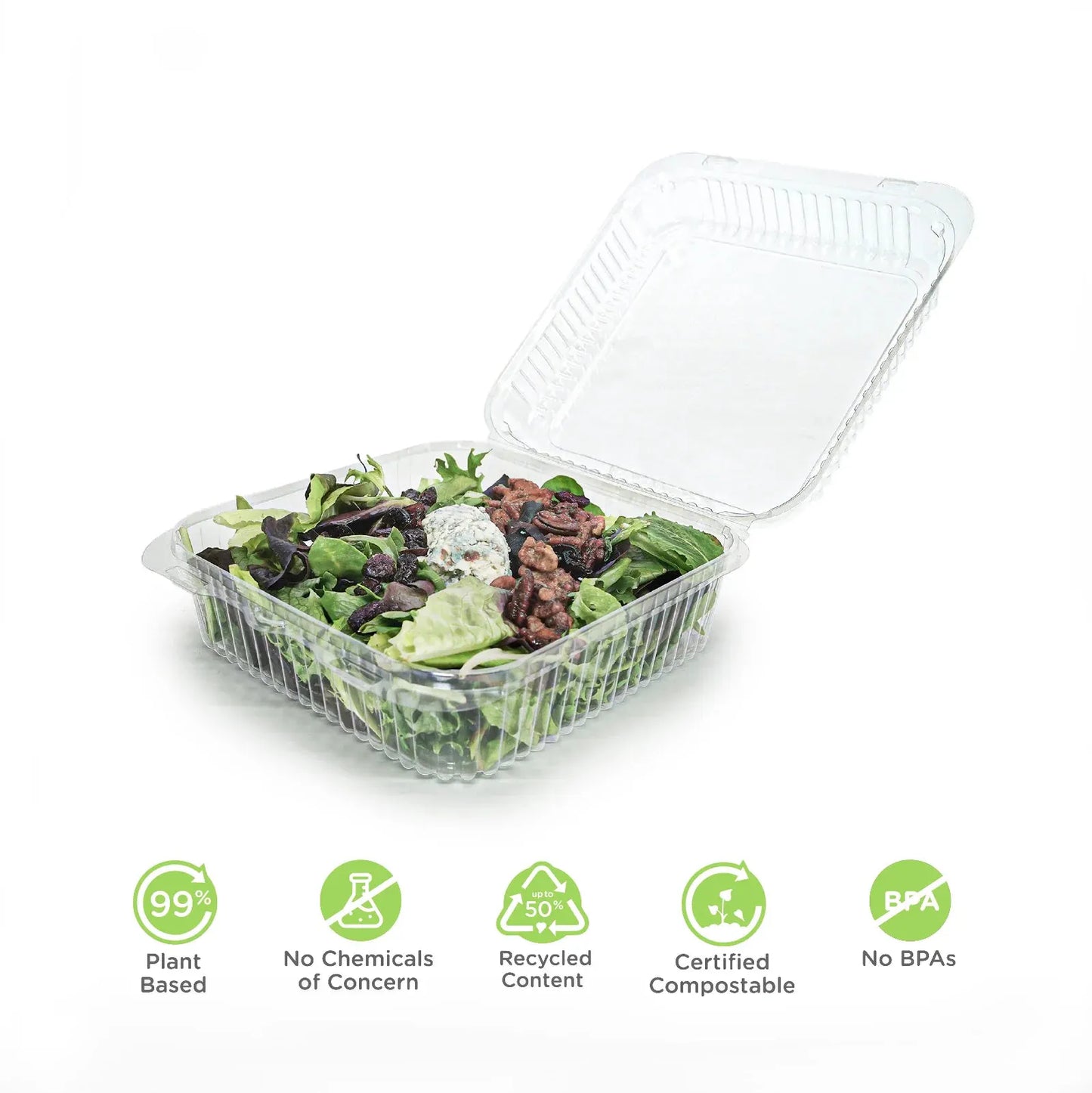 96 oz Clear Clamshell Produce Container | 8x8x3 | Compostable (50 pack)