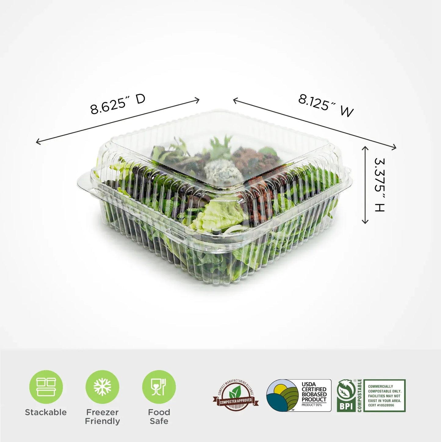 96 oz Clear Clamshell Produce Container | 8x8x3 | Compostable (50 pack)